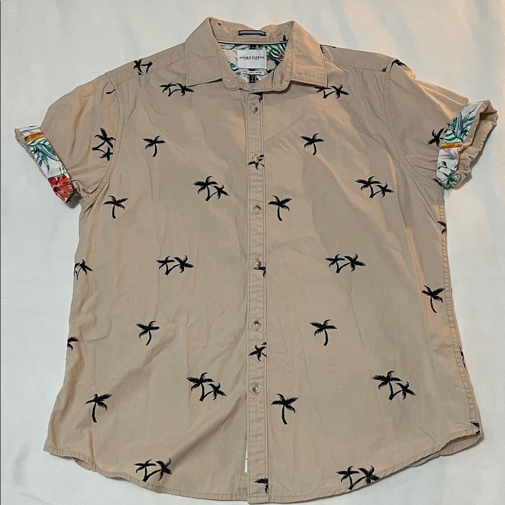 Denim & Flower Palm Tree/Tropical Print 100% Cotton Short Sleeve Button Down